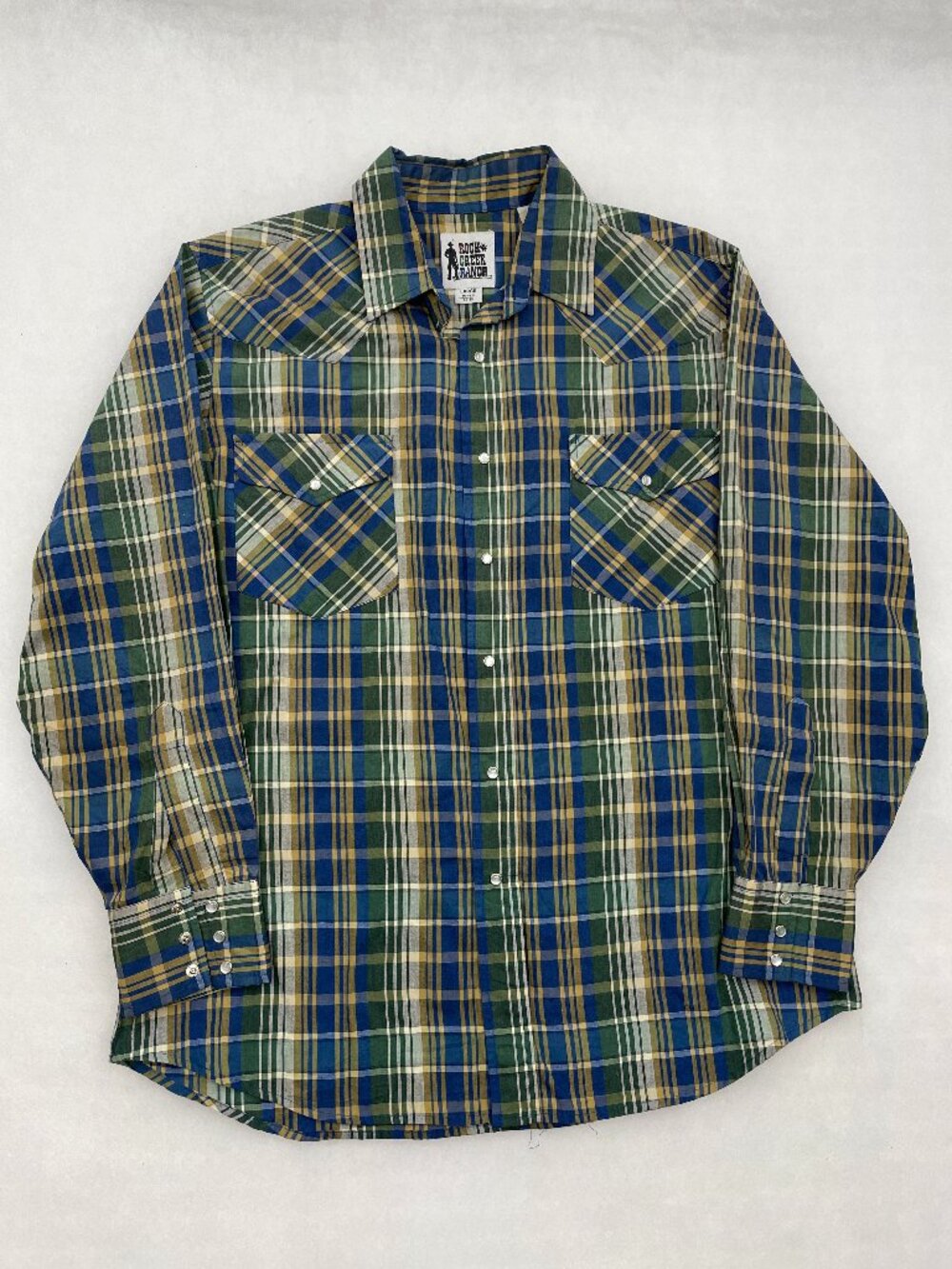 Rock Creek Vintage Pearl Snap Western Shirt Plaid Long Sleeve Blue Green Men's L